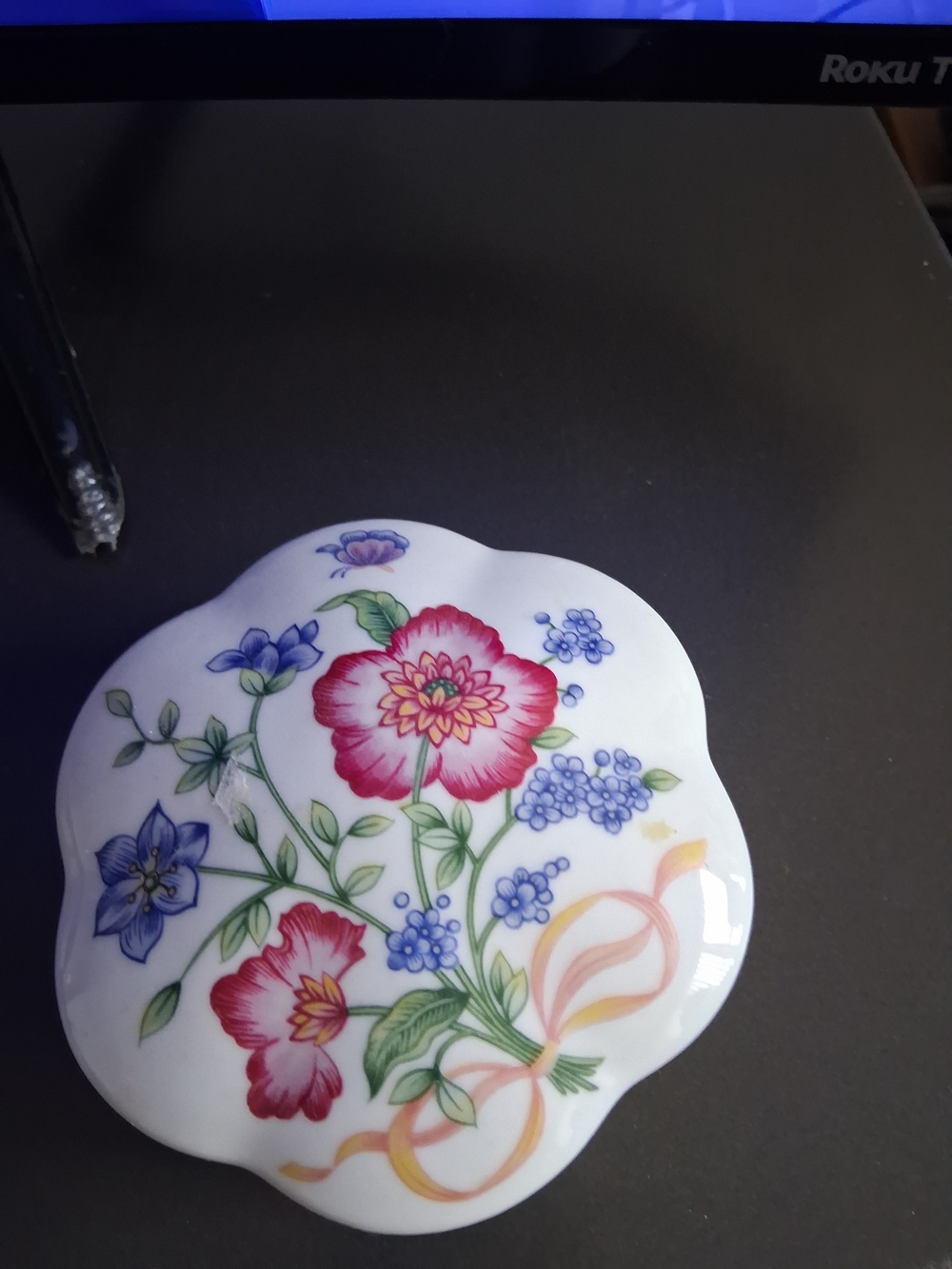 Floral Porcelain Trinket Box - White with Pink & Blue Flowers